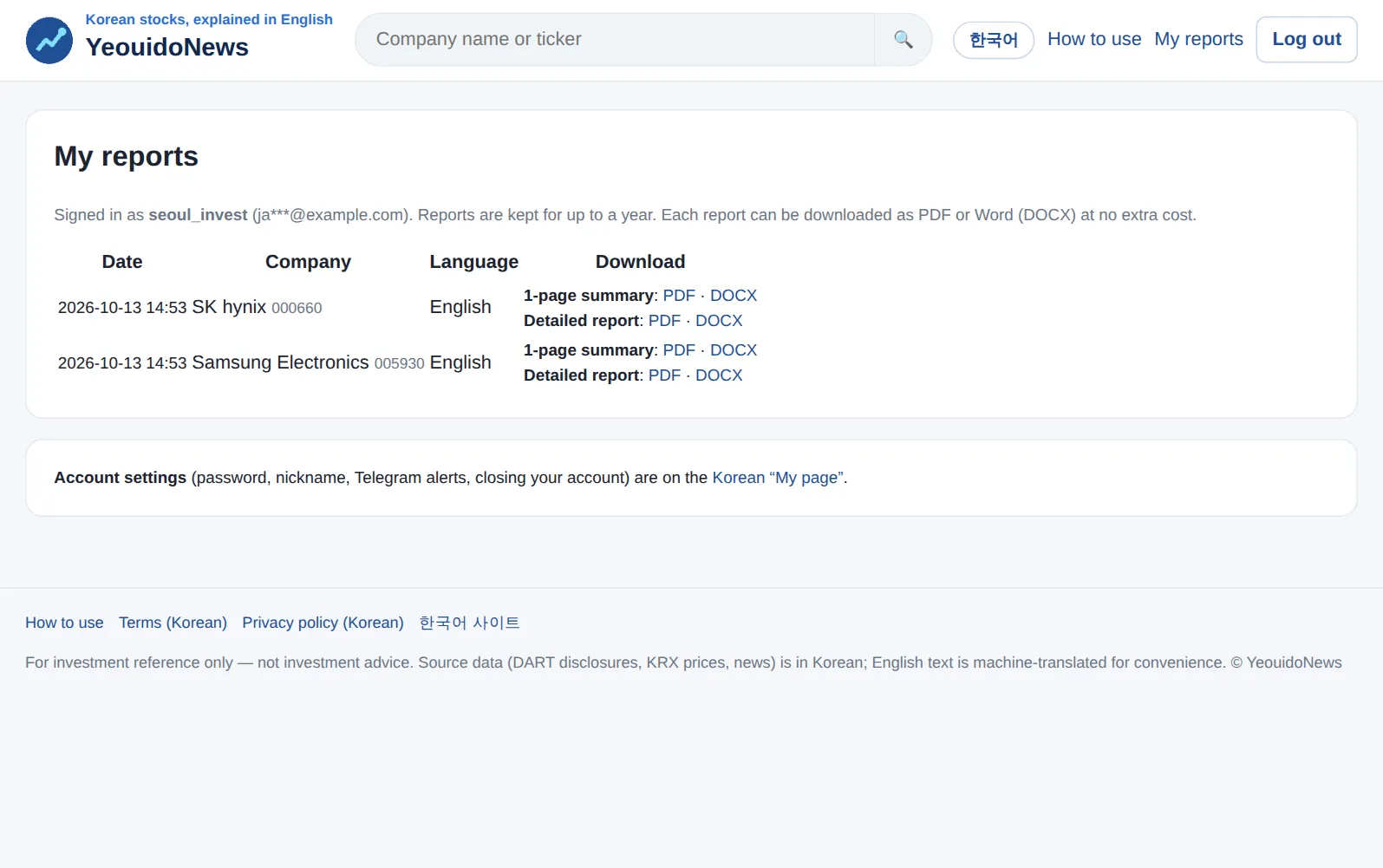 My reports page